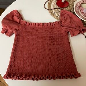 ASTR The Label Ribbed Puff Sleeve Smocked Bodice Red Tight Crop Top
